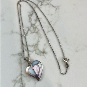 Silver Heart Pendant Necklace with Pink and Blue Accents